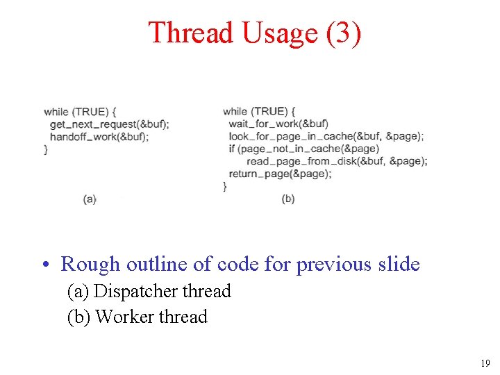 Thread Usage (3) • Rough outline of code for previous slide (a) Dispatcher thread