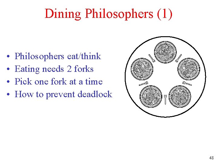 Dining Philosophers (1) • • Philosophers eat/think Eating needs 2 forks Pick one fork