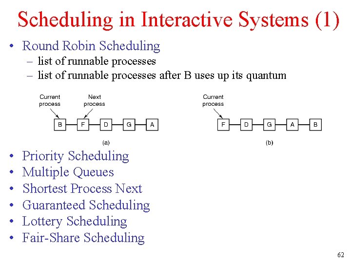 Scheduling in Interactive Systems (1) • Round Robin Scheduling – list of runnable processes