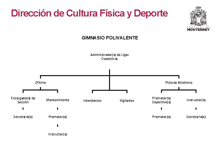 Dirección de Cultura Física y Deporte GIMNASIO POLIVALENTE Administrador(a) de Ligas Deportivas Oficina Pista Dirección de Cultura Física y Deporte GIMNASIO POLIVALENTE Administrador(a) de Ligas Deportivas Oficina Pista