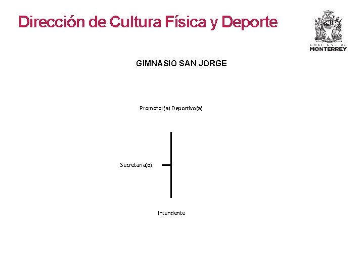 Dirección de Cultura Física y Deporte GIMNASIO SAN JORGE Promotor(a) Deportivo(a) Secretaria(o) Intendente Dirección de Cultura Física y Deporte GIMNASIO SAN JORGE Promotor(a) Deportivo(a) Secretaria(o) Intendente