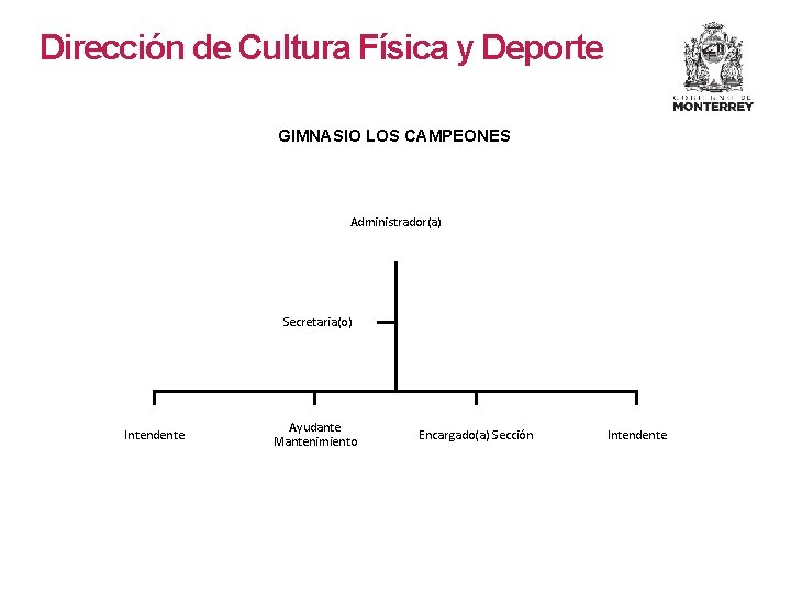 Dirección de Cultura Física y Deporte GIMNASIO LOS CAMPEONES Administrador(a) Secretaria(o) Intendente Ayudante Mantenimiento Dirección de Cultura Física y Deporte GIMNASIO LOS CAMPEONES Administrador(a) Secretaria(o) Intendente Ayudante Mantenimiento