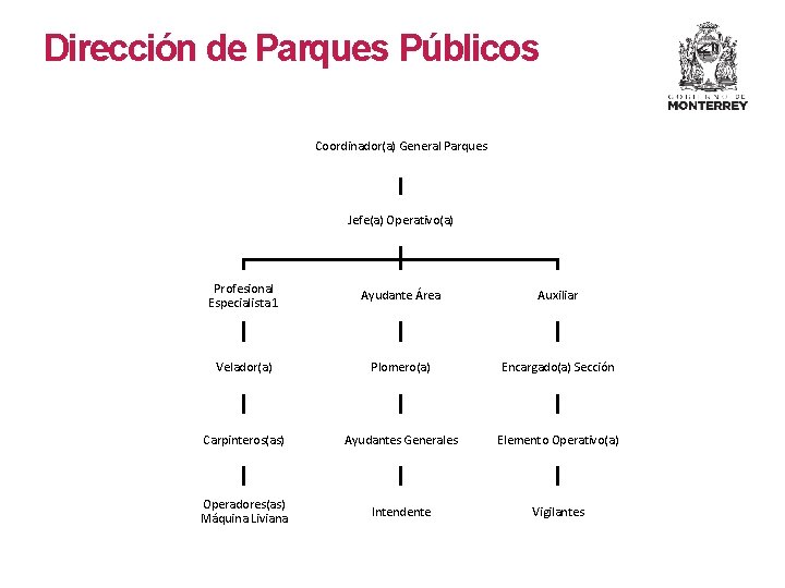 Dirección de Parques Públicos Coordinador(a) General Parques Jefe(a) Operativo(a) Profesional Especialista 1 Ayudante Área Dirección de Parques Públicos Coordinador(a) General Parques Jefe(a) Operativo(a) Profesional Especialista 1 Ayudante Área