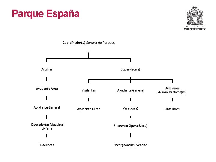 Parque España Coordinador(a) General de Parques Auxiliar Supervisor(a) Ayudante Área Vigilantes Ayudante General Auxiliares Parque España Coordinador(a) General de Parques Auxiliar Supervisor(a) Ayudante Área Vigilantes Ayudante General Auxiliares