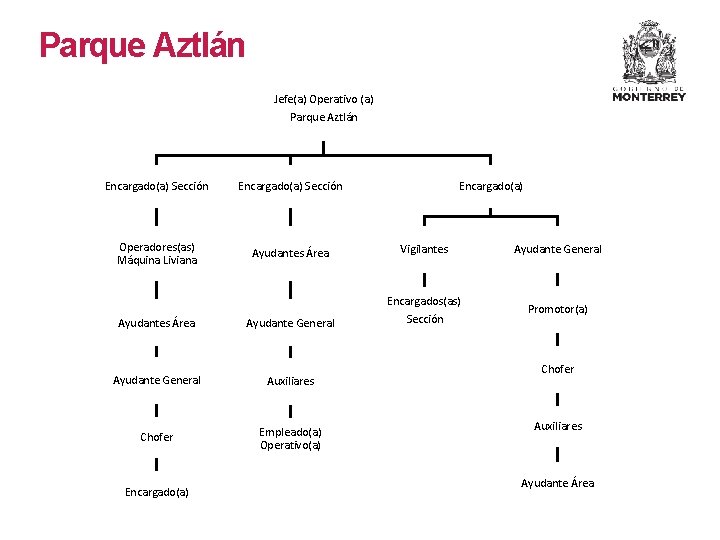 Parque Aztlán Jefe(a) Operativo (a) Parque Aztlán Encargado(a) Sección Operadores(as) Máquina Liviana Ayudantes Área Parque Aztlán Jefe(a) Operativo (a) Parque Aztlán Encargado(a) Sección Operadores(as) Máquina Liviana Ayudantes Área