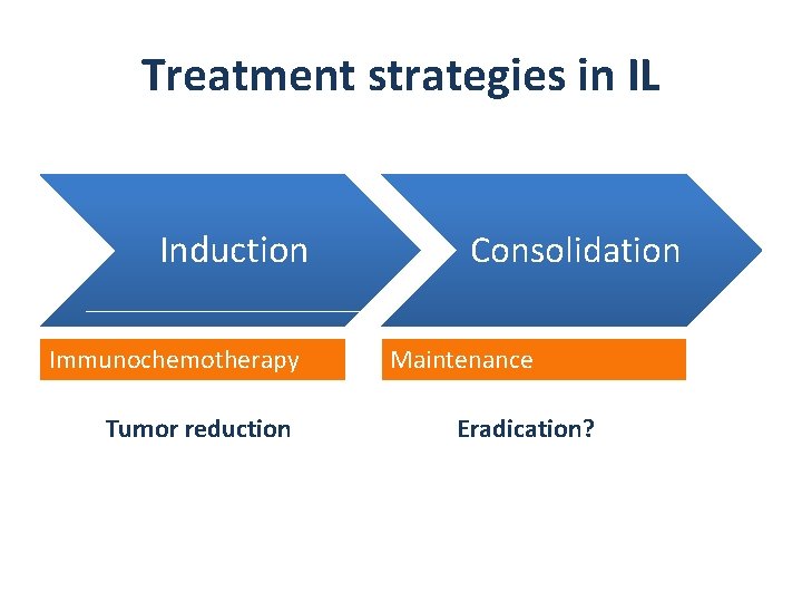 Treatment strategies in IL Induction Immunochemotherapy Tumor reduction Consolidation Maintenance Eradication? 