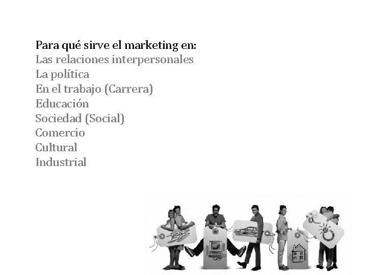 Para qué sirve el marketing en: Las relaciones interpersonales La política En el trabajo