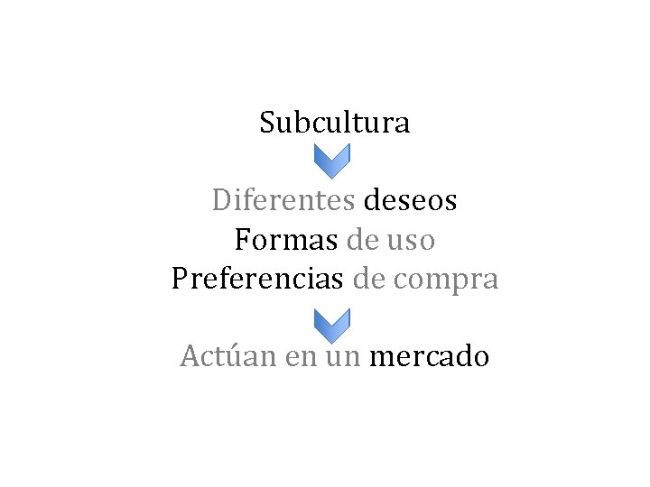 Subcultura Diferentes deseos Formas de uso Preferencias de compra Actúan en un mercado 