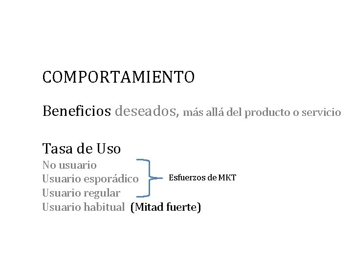 COMPORTAMIENTO Beneficios deseados, más allá del producto o servicio Tasa de Uso No usuario