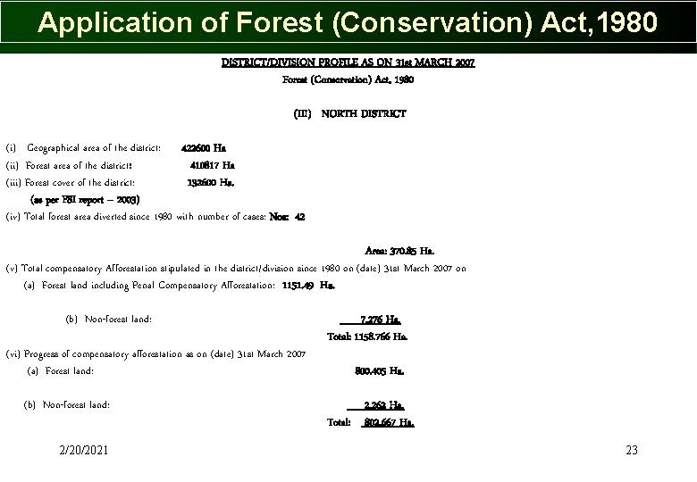 Application of Forest (Conservation) Act, 1980 DISTRICT/DIVISION PROFILE AS ON 31 st MARCH 2007 Application of Forest (Conservation) Act, 1980 DISTRICT/DIVISION PROFILE AS ON 31 st MARCH 2007