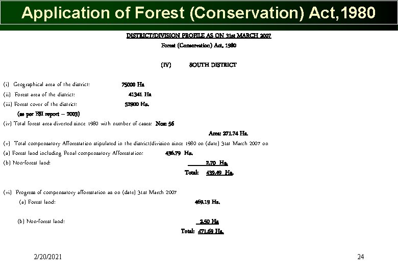 Application of Forest (Conservation) Act, 1980 DISTRICT/DIVISION PROFILE AS ON 31 st MARCH 2007 Application of Forest (Conservation) Act, 1980 DISTRICT/DIVISION PROFILE AS ON 31 st MARCH 2007