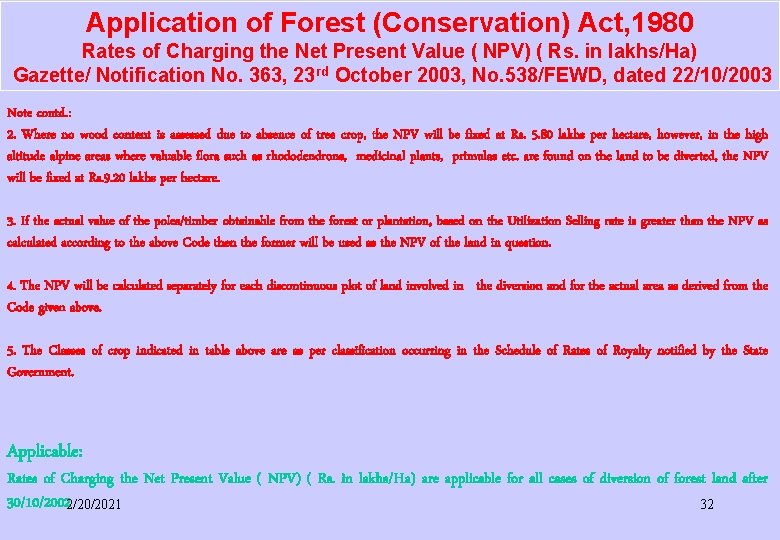 Application of Forest (Conservation) Act, 1980 Rates of Charging the Net Present Value ( Application of Forest (Conservation) Act, 1980 Rates of Charging the Net Present Value (