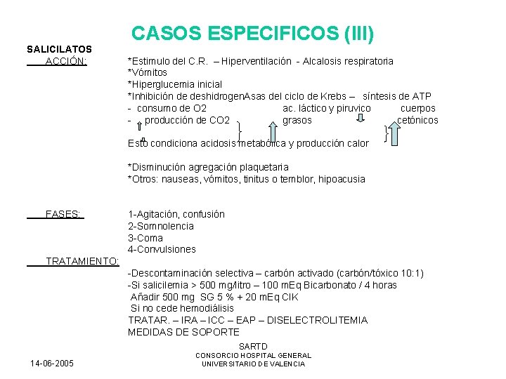 SALICILATOS ACCIÓN: CASOS ESPECIFICOS (III) *Estimulo del C. R. – Hiperventilación - Alcalosis respiratoria