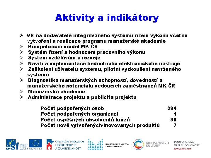 Aktivity a indikátory Ø VŘ na dodavatele integrovaného systému řízení výkonu včetně Ø Ø