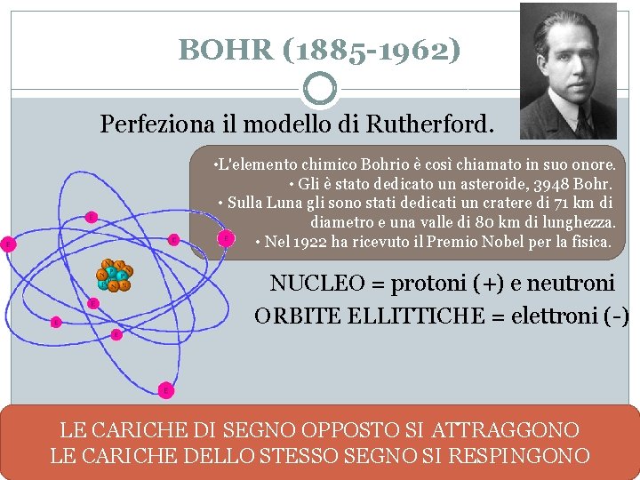 BOHR (1885 -1962) Perfeziona il modello di Rutherford. • L'elemento chimico Bohrio è così