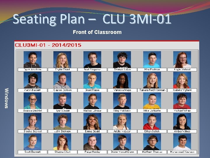 Seating Plan – CLU 3 MI-01 Front of Classroom Windows 