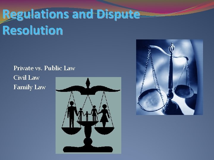 Regulations and Dispute Resolution Private vs. Public Law Civil Law Family Law 