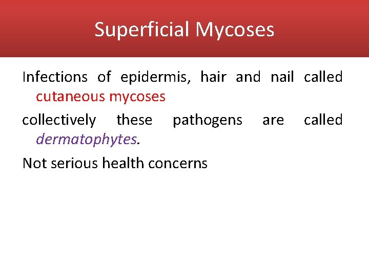 Superficial Mycoses Infections of epidermis, hair and nail called cutaneous mycoses collectively these pathogens