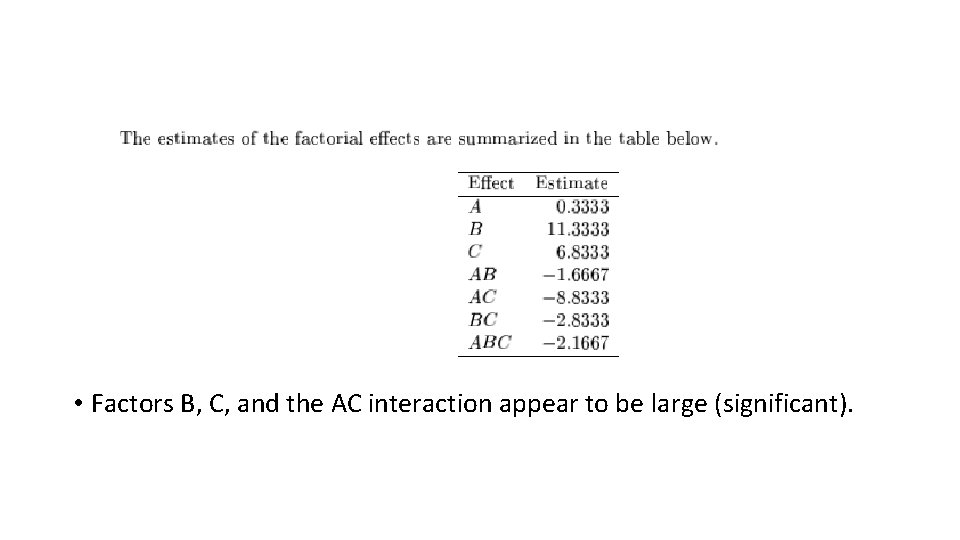  • Factors B, C, and the AC interaction appear to be large (significant).