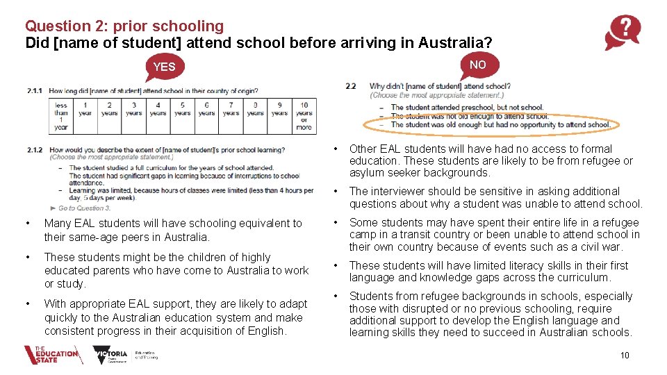 Question 2: prior schooling Did [name of student] attend school before arriving in Australia?