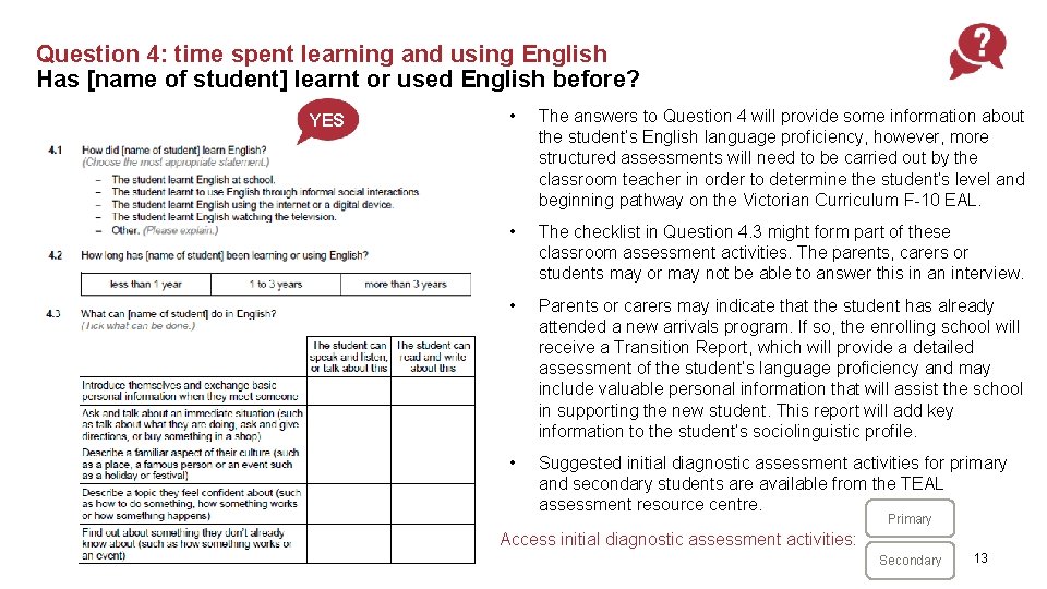 Question 4: time spent learning and using English Has [name of student] learnt or