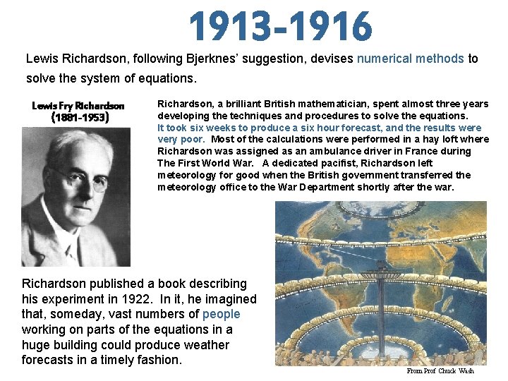 1913 -1916 Lewis Richardson, following Bjerknes’ suggestion, devises numerical methods to solve the system