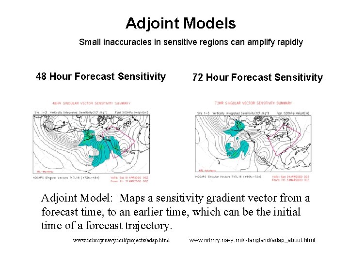 Adjoint Models Small inaccuracies in sensitive regions can amplify rapidly 48 Hour Forecast Sensitivity
