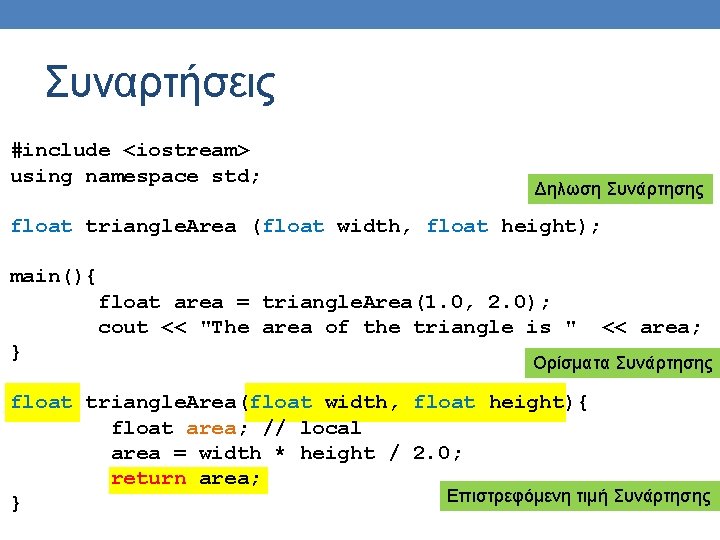 Συναρτήσεις #include <iostream> using namespace std; Δηλωση Συνάρτησης float triangle. Area (float width, float Συναρτήσεις #include <iostream> using namespace std; Δηλωση Συνάρτησης float triangle. Area (float width, float
