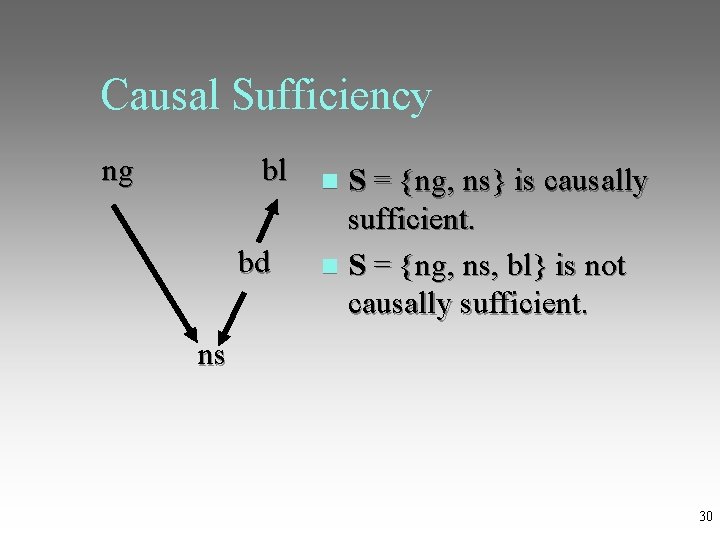 Causal Sufficiency ng bl S = {ng, ns} is causally sufficient. bd S =