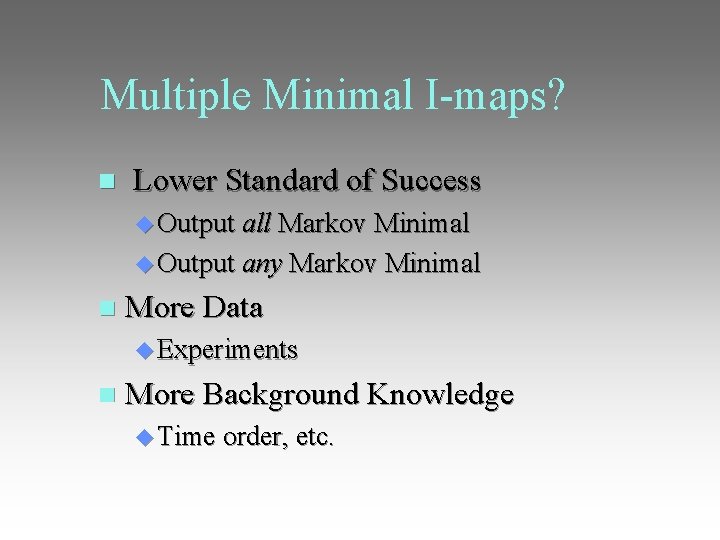 Multiple Minimal I-maps? Lower Standard of Success Output all Markov Minimal Output any Markov