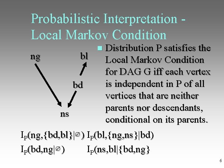 Probabilistic Interpretation - Local Markov Condition Distribution P satisfies the ng bl Local Markov