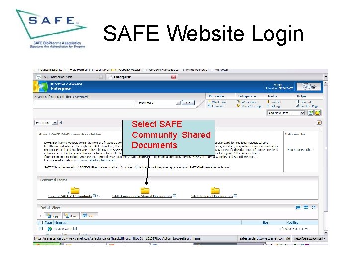 SAFE Website Login Select SAFE Community Shared Documents 