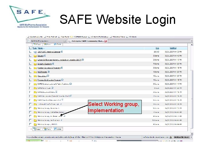 SAFE Website Login Select Working group, Implementation 