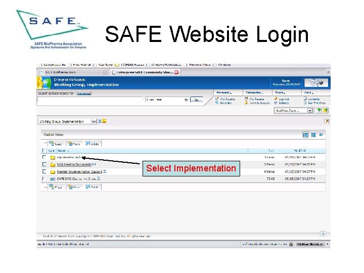 SAFE Website Login Select Implementation 