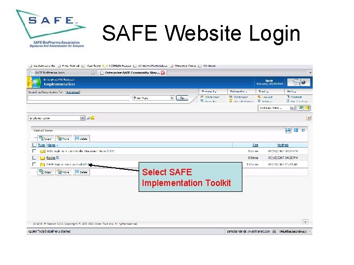SAFE Website Login Select SAFE Implementation Toolkit 