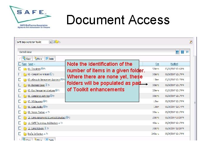 Document Access Note the identification of the number of items in a given folder.