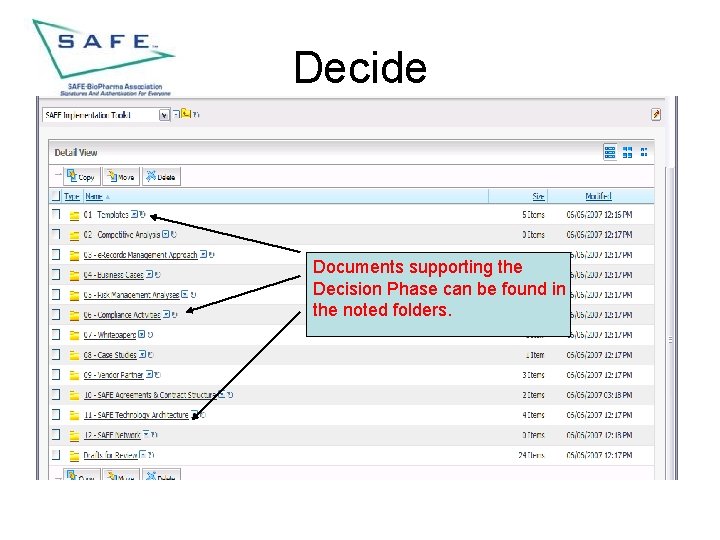 Decide Documents supporting the Decision Phase can be found in the noted folders. 