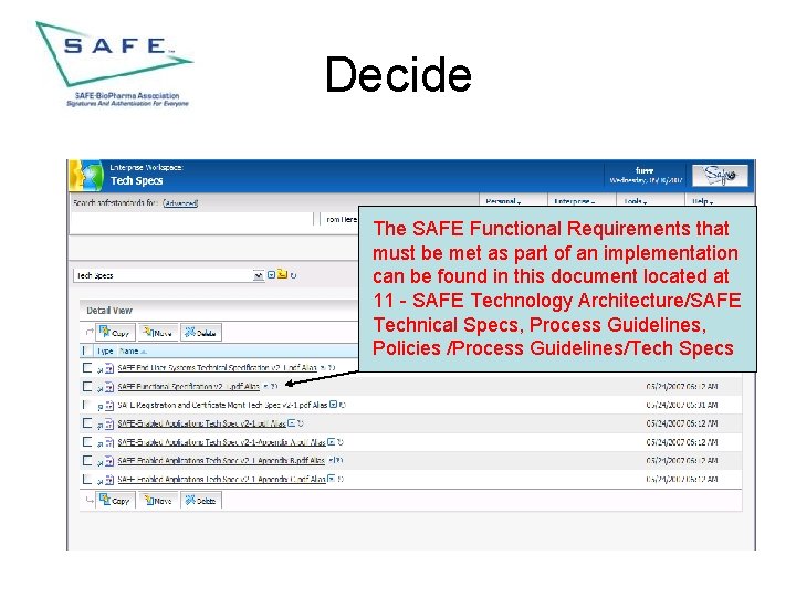 Decide The SAFE Functional Requirements that must be met as part of an implementation
