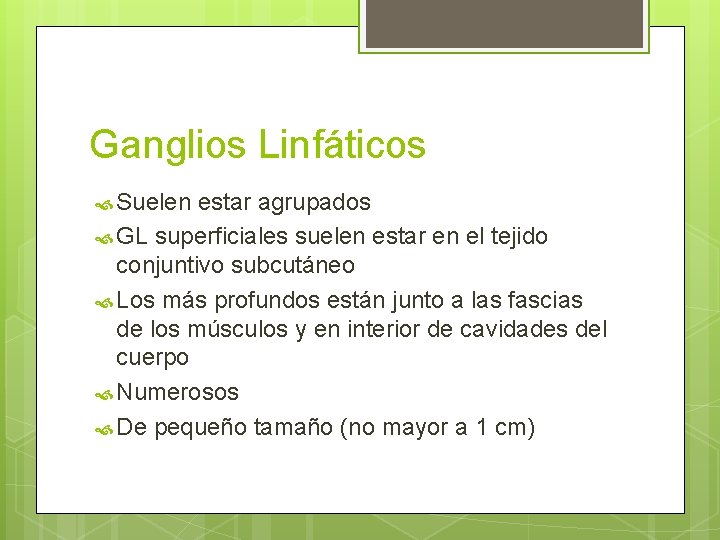 Ganglios Linfáticos Suelen estar agrupados GL superficiales suelen estar en el tejido conjuntivo subcutáneo Ganglios Linfáticos Suelen estar agrupados GL superficiales suelen estar en el tejido conjuntivo subcutáneo