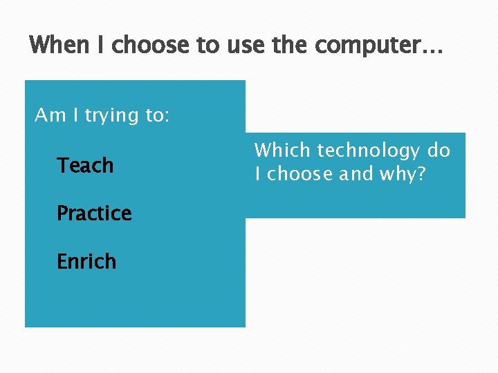 When I choose to use the computer… Am I trying to: Teach Practice Enrich