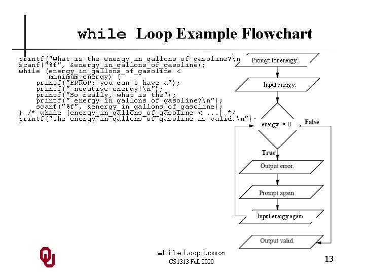 while Loop Example Flowchart printf("What is the energy in gallons of gasoline? n"); Prompt