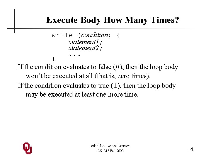 Execute Body How Many Times? while (condition) { statement 1; statement 2; . .