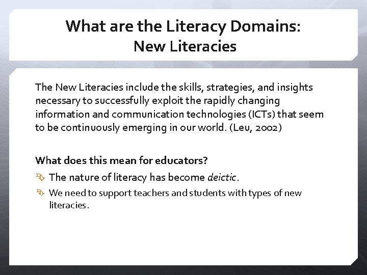 What are the Literacy Domains: New Literacies The New Literacies include the skills, strategies,