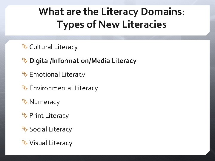 What are the Literacy Domains: Types of New Literacies Cultural Literacy Digital/Information/Media Literacy Emotional