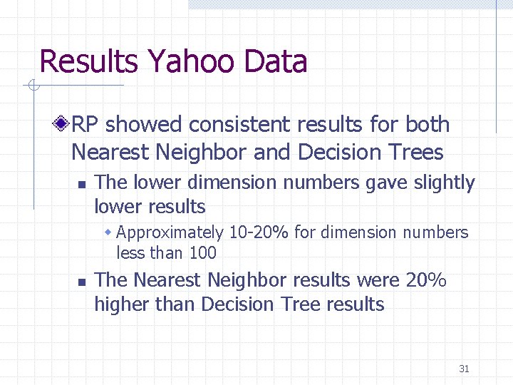 Results Yahoo Data RP showed consistent results for both Nearest Neighbor and Decision Trees Results Yahoo Data RP showed consistent results for both Nearest Neighbor and Decision Trees