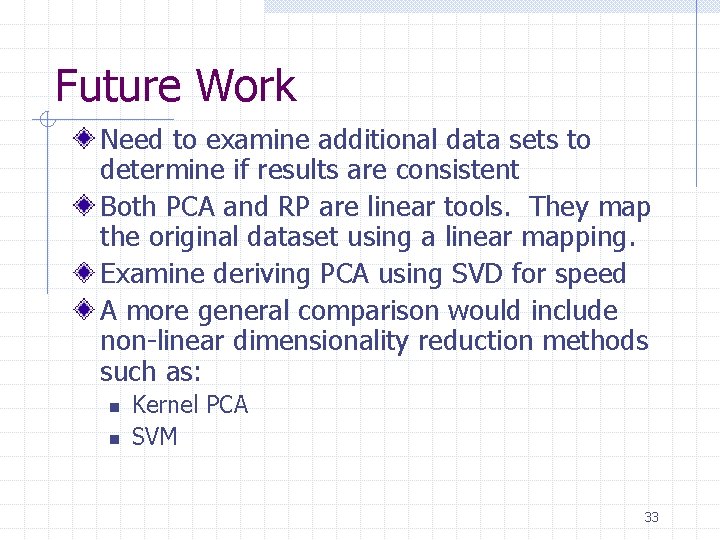 Future Work Need to examine additional data sets to determine if results are consistent Future Work Need to examine additional data sets to determine if results are consistent