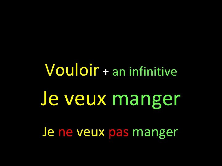 Vouloir + an infinitive Je veux manger Je ne veux pas manger 