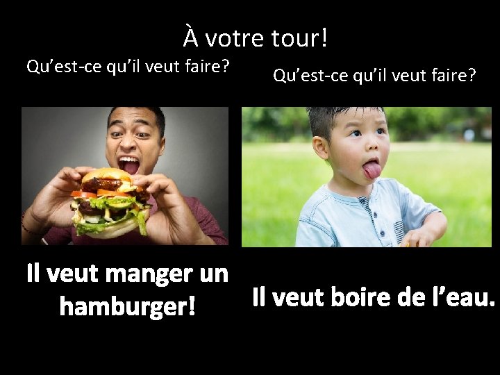 À votre tour! Qu’est-ce qu’il veut faire? Il veut manger un Il veut boire