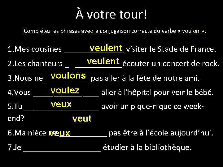 À votre tour! Complétez les phrases avec la conjugaison correcte du verbe « vouloir