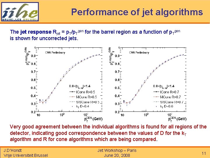 Performance of jet algorithms The jet response Rjet = p. T/p. Tgen for the